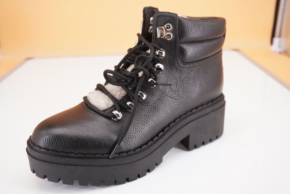 Marc Fisher Nairy Black Leather Shearling ankle boot size 6 biker Lugg wool